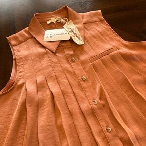 ☀️ NWT MYSTREE Sleeveless Satin Pleated Hi-Lo Blouse